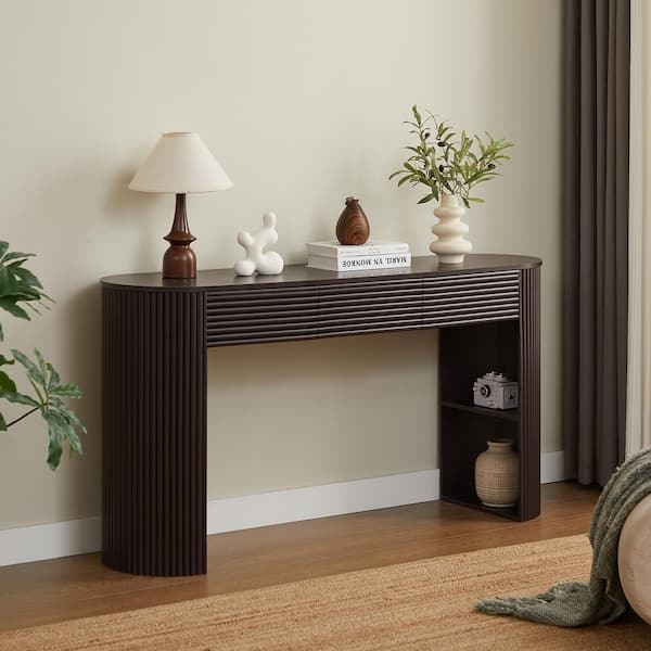 Millard Retro 59.8 in. Espresso Oval MDF Top Console Table with 3 Drawers, Slatted Design