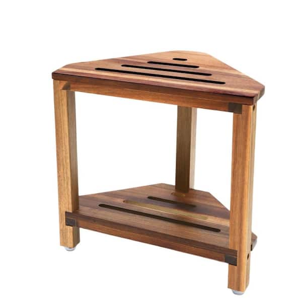 Anti-Slip Corner Shower Stool with Storage Shelf, Small Acacia Wood Bench, Bath Seat in Brown for Inside Shower