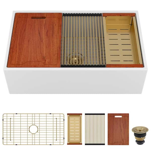 33 in. Undermount Single Bowl White Porcelain Ceramic Workstation Kitchen Sink with Strainer and Bottom Grid in Gold