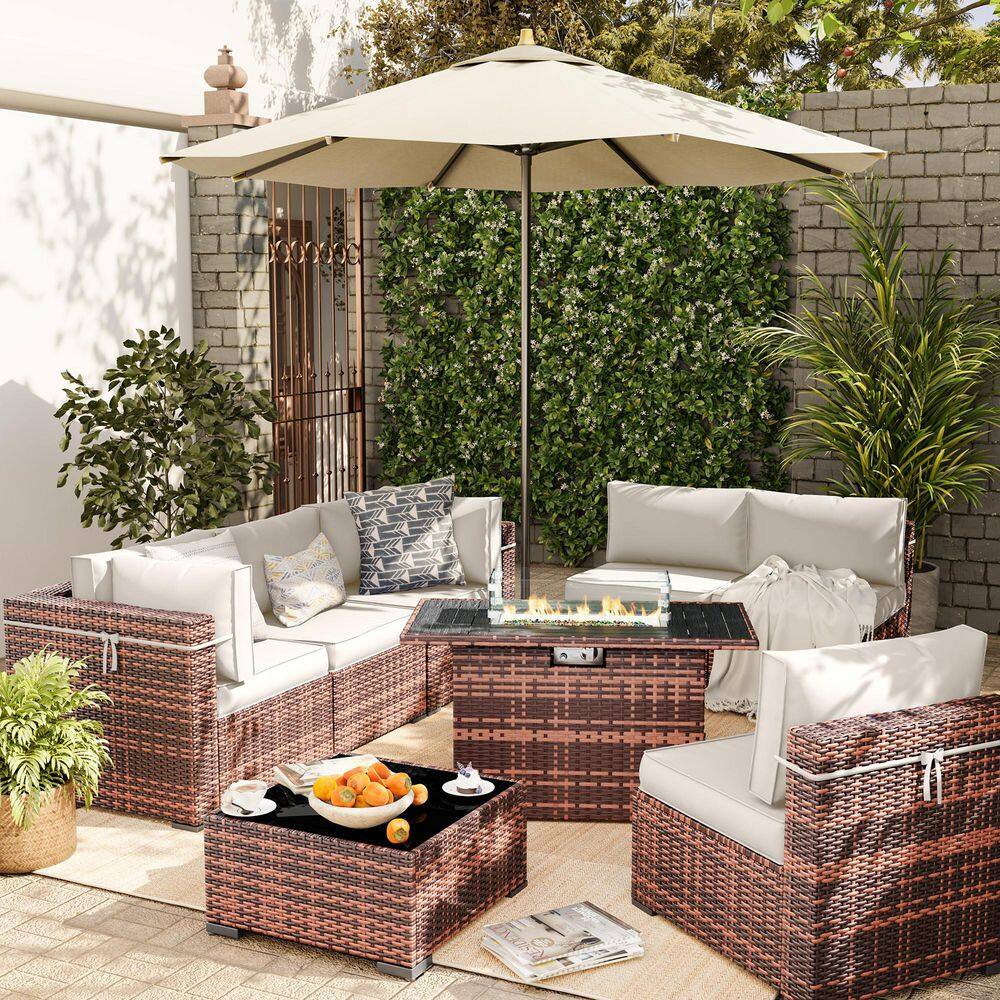 8 Piece Rattan Sectional Seating Group with Cushions with Beige Firepit price history on PriceWatchPro
