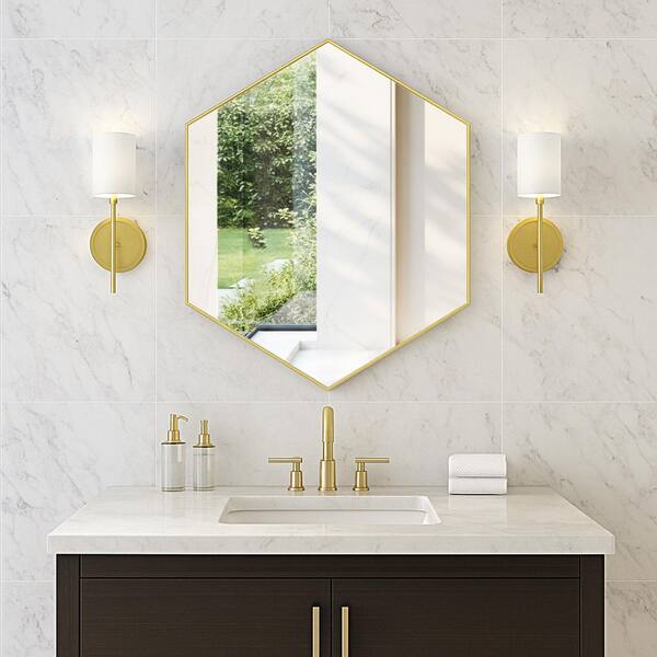 24 in. W x 30 in. H Modern Hexagon Metal Framed Wall Mounted Bathroom Vanity Mirror in Gold