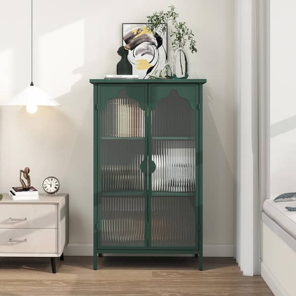 Tileon 2-Glass Door Metal Kitchen Sideboard Buffet Cabinet, Modern Display Cabinet with 3 Storage Shelves in Dark Green