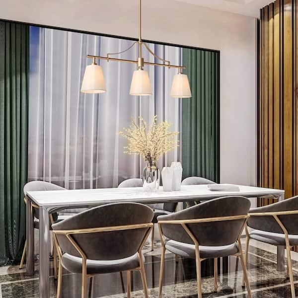 3-Light Gold Linear Chandelier with White Fabric Shades