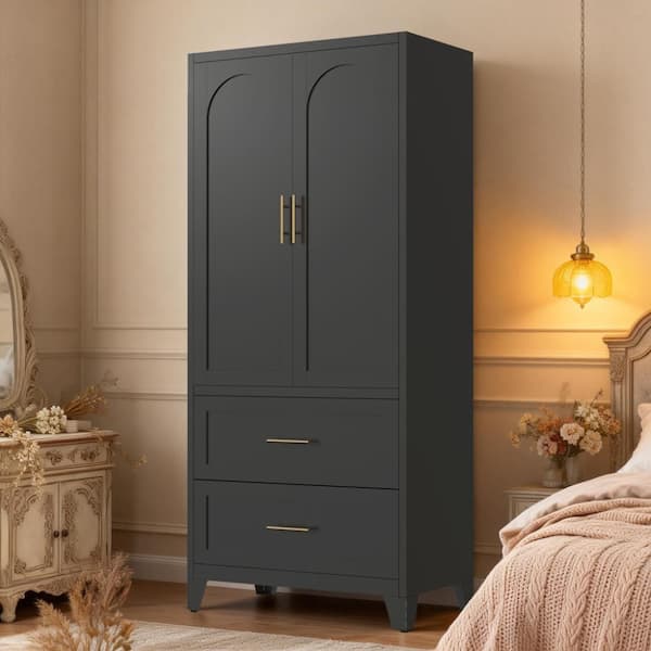 71" Tall Black Storage Cabinet with 2 Drawers, Hanging Rod,2 Doors and Shelf for Bedroom,Bathroom,Laundry Room