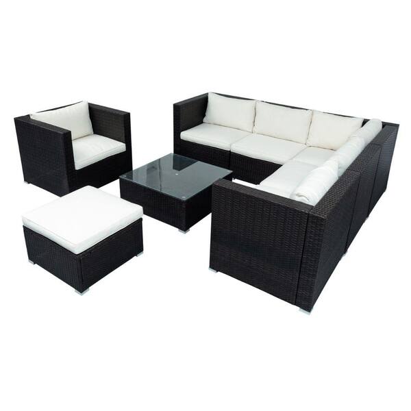 Benjara Sonic Brown and White 8-Piece Woven Wicker Outdoor Sectional Set Corner Sofa Set with White Cushions and Steel Fames