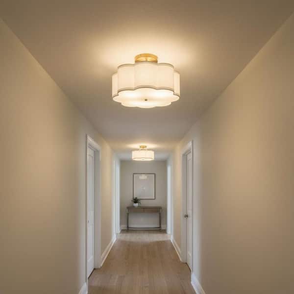 13 in. 3-Light Modern Gold Semi Flush Mount Ceiling Light,Ceiling Light with Fabric Flower Shade for Bedroom,Living Room