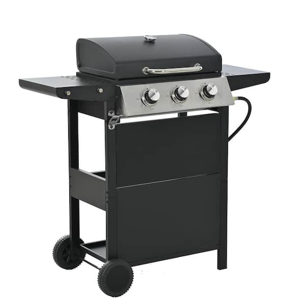 Zeus & Ruta Portable Propane Gas Grill 3 Burner Barbecue Grill Patio Garden Barbecue Grill with Two Shelves 26000 BTU in Black