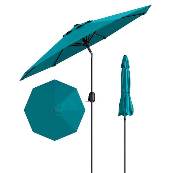 Round 9 ft. Iron Cantilever Market Tilt Patio Umbrella in Turquoise Blue Blue