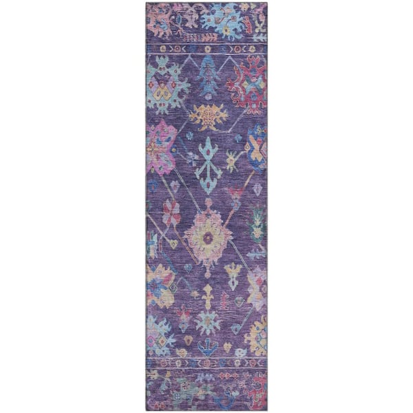 Mayfield Premium Machine Washable Abstract AMF2234 Eggplant 2 ft. x 7 ft. Runner Rug