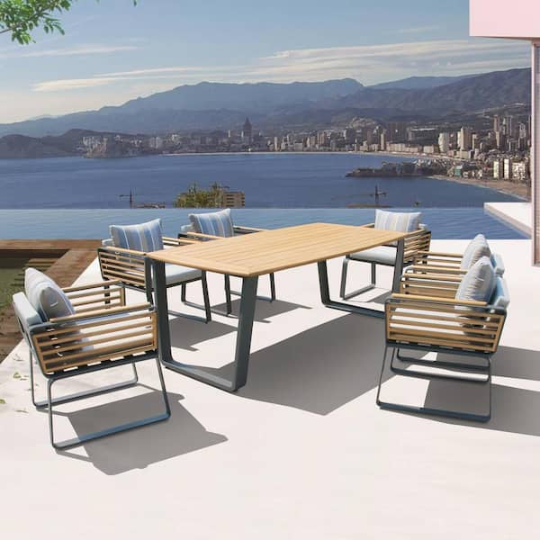 DEKO LIVING Palazzolo 7-Piece Aluminum and Teak Outdoor Dining Chairs and Table Set with Gray Cushions