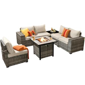 Tahoe Grey 7-Piece Wicker Wide Arm Outdoor Patio Conversation Sofa Set with a Fire Pit and Beige Cushions