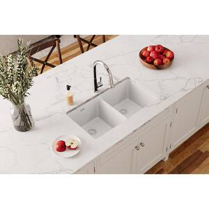 Quartz Classic White Quartz 33 in. Equal Double Bowl Undermount Kitchen Sink