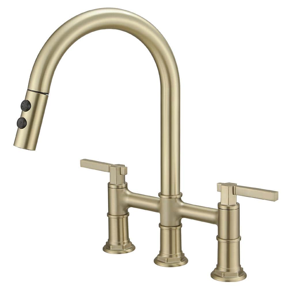 Brushed Gold Double Handle Bridge Kitchen Faucet with 360 Degree Swivel Spout