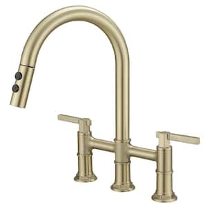 Modern Double Handle 3 Holes Deck Mount Bridge Kitchen Faucet With 2-Sprayer Patterns and 360 Swivel Spout in Gold