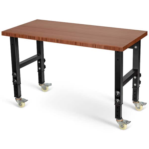 Costway 48 in. x 24 in. Adjustable Height Workbench Mobile Tool Bench Bamboo Top with Caster Coffee