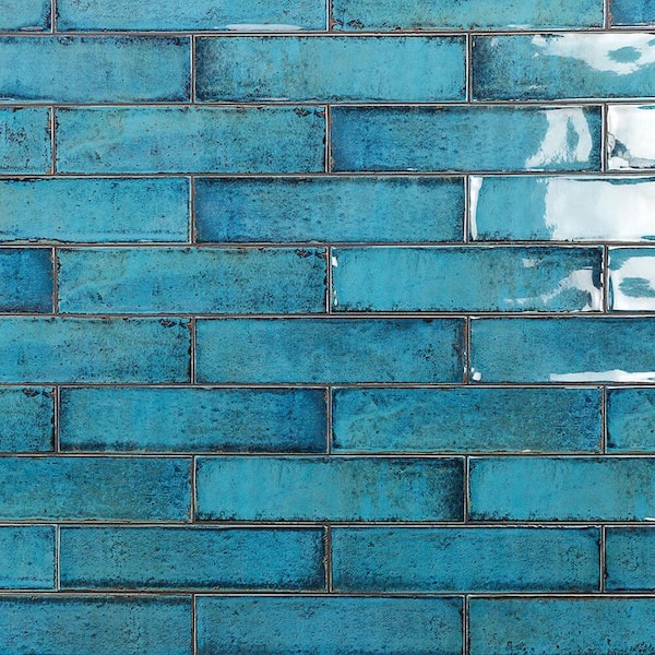 Splashback Tile Moze Blue 3 in. x 12 in. Ceramic Subway Wall Tile Sample