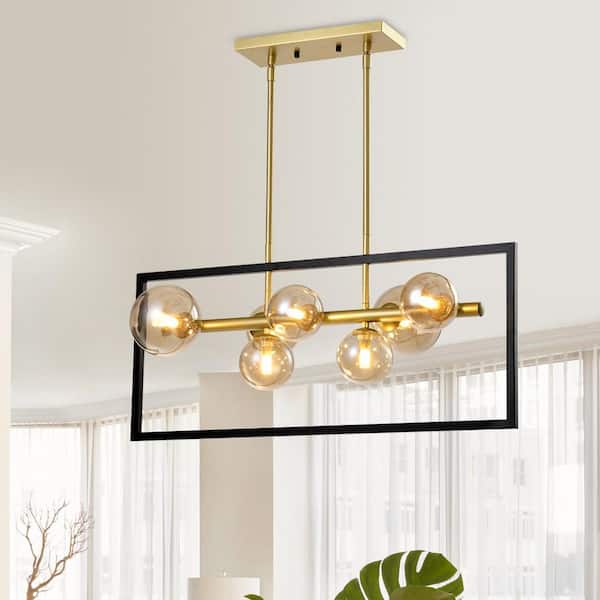 Maxax Harrisburg 7-Light Gold Kitchen Island Rectangle Chandelier with Hand Blown Glass Accents