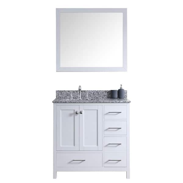 Virtu USA Caroline Madison 36 in. W Bath Vanity in White with Granite Vanity Top in Arctic White with Round Basin and Mirror