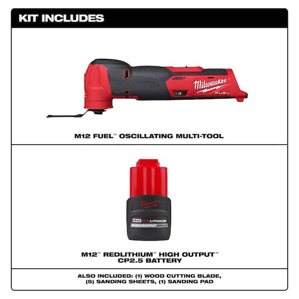 Milwaukee M12 Fuel 12V Lithium-Ion Cordless Oscillating Multi-Tool W/CP High Output 2.5 Ah Battery Pack