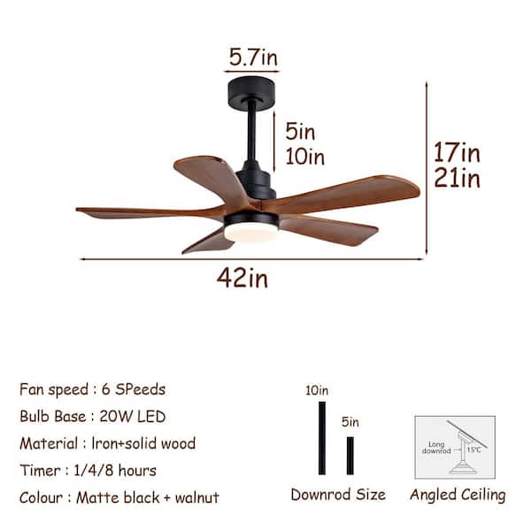 42 in. Indoor Black Downrod Mount Ceiling Fan with Light, Brown Wood Blades Reversible Fan for Living Room