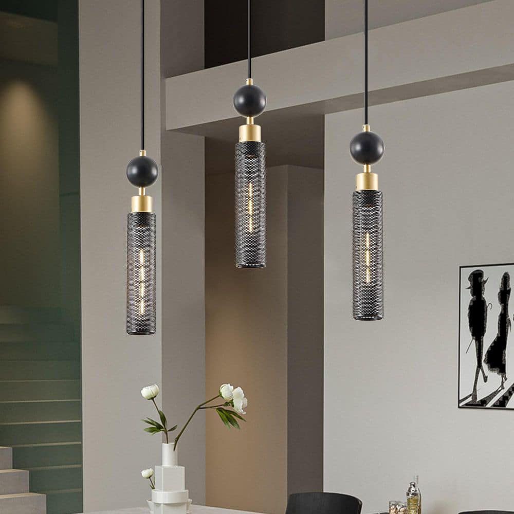 Zelvos 25 in. 3-Light Modern Black and Gold Pendant Chandelier with Cylindrical Mesh Shades for Dining Room, Kitchen price history on PriceWatchPro
