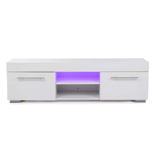 WOODYHOME 51 in. White TV Stand with 2 Storage Drawers Fits TV's up to 59 in. with LED Light