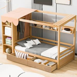 Natural Twin Size House Platform Bed with Drawers, Shelves and Wardrobe