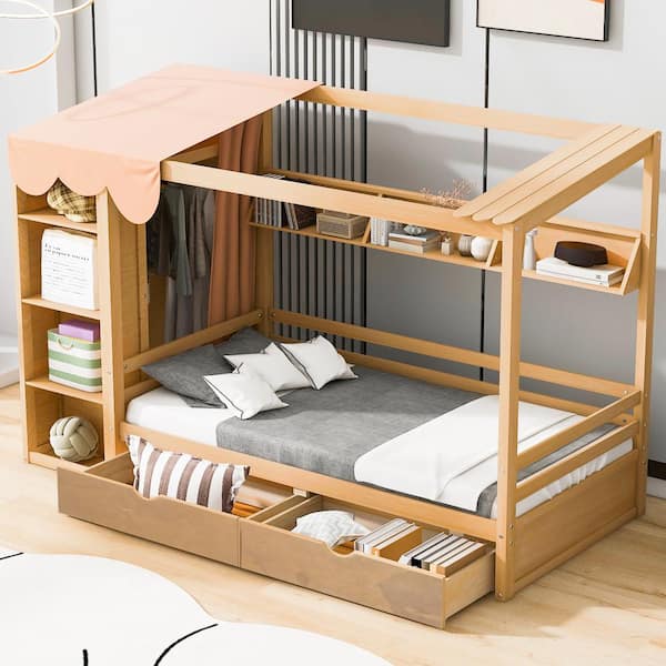 Nestfair Natural Twin Size House Platform Bed with Drawers, Shelves and Wardrobe