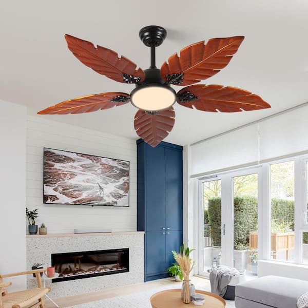 52 in. Brown Palm Leaf Tropical Downrod Mount Standard Ceiling Fan with Remote Control, Reversible