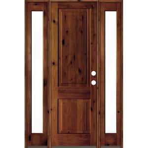 58 in. x 96 in. Rustic Knotty Alder Square Top Red Chestnut Stained Wood Left Hand Single Prehung Front Door
