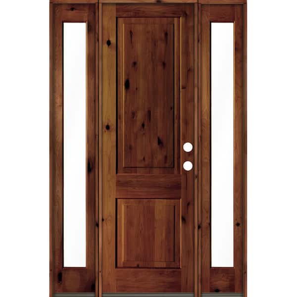 Krosswood Doors 58 in. x 96 in. Rustic Knotty Alder Square Top Red Chestnut Stained Wood Left Hand Single Prehung Front Door