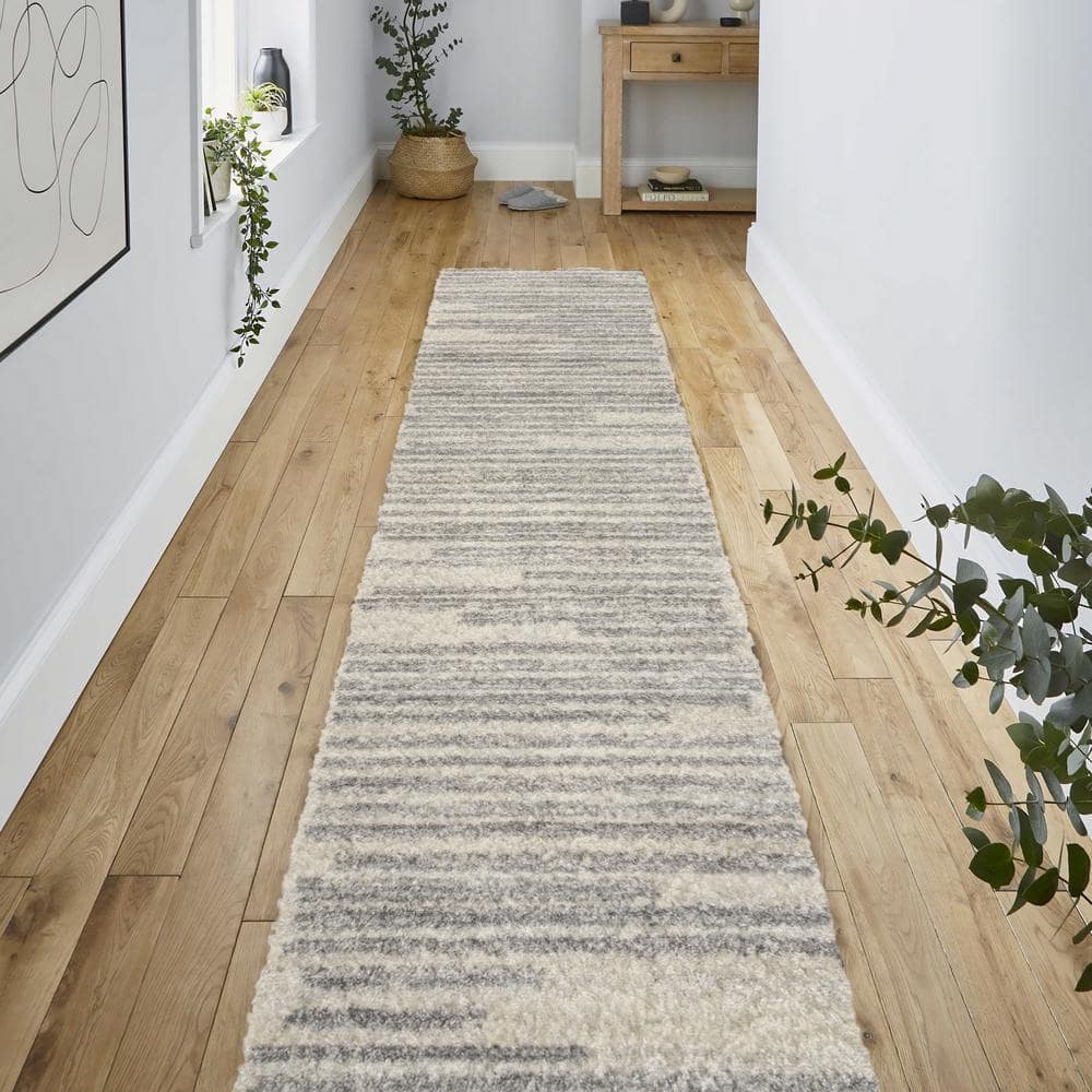 Khalil Cream and Gray Striped Synthetic Runner Rug 2'-2" X 8'