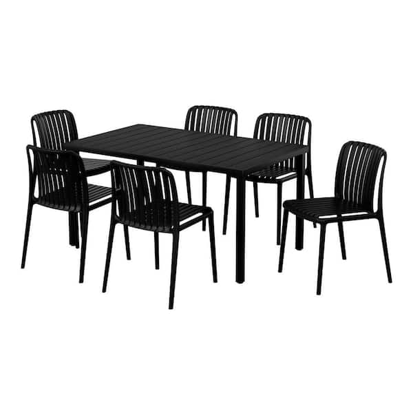 FrondandForm Modern Outdoor Patio 7-Piece Rectangular Iron Dining Set w/ Plastic Stackable Chairs, Black