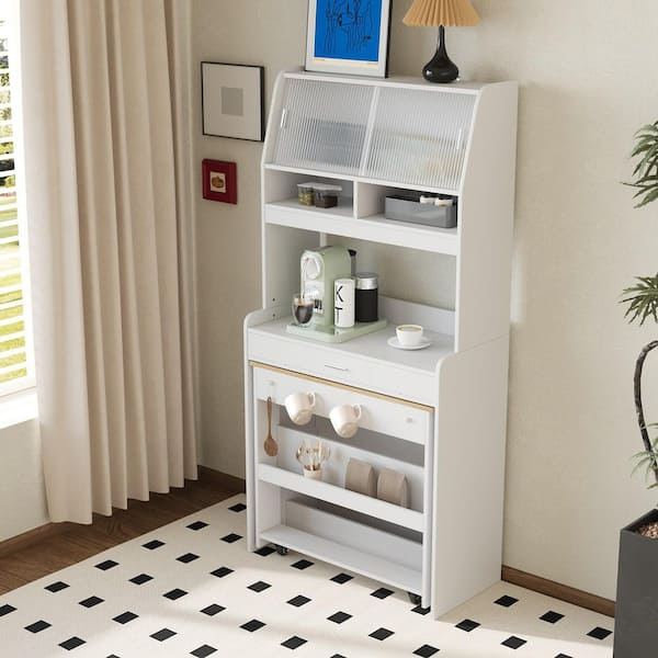 Natural/White Wood 66.1 in. Buffet with Hutch and Foldable Dining Table, Storage Shelf and Side Hooks