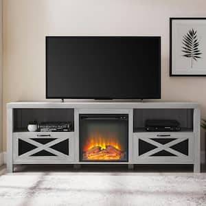 70 in. Farmhouse Freestanding Electric Fireplace TV Stand with Metal Mesh Drop-Down X-Door for 80 in. TVs, Stone Grey