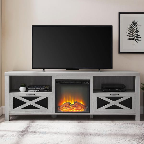 ToolCat 70 in. Farmhouse Freestanding Electric Fireplace TV Stand with Metal Mesh Drop-Down X-Door for 80 in. TVs, Stone Grey