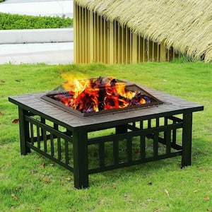 32 in. Square Black Burning Wood Outdoor Metal Firepit with Spark Screen Waterproof Cover Poker