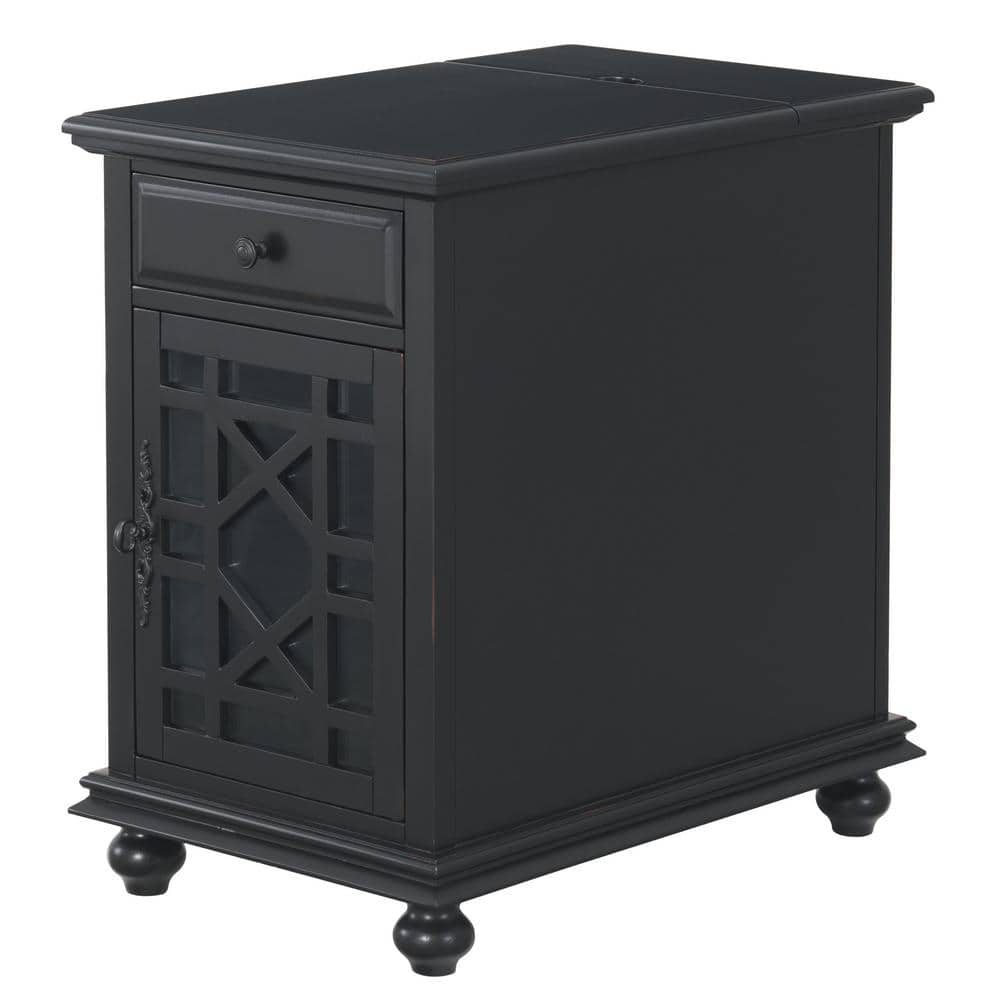Antique Black Pine and MDF Chairside Table with Storage
