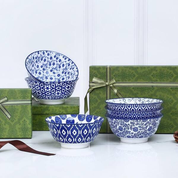 Porcelain Cereal Bowl Set, 7 in, 6-Pack, Blue Chinese Style