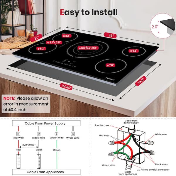36 in. 5-Element Radiant Electric Cooktop Ceramic Glass Smooth in Black, ETL Certified