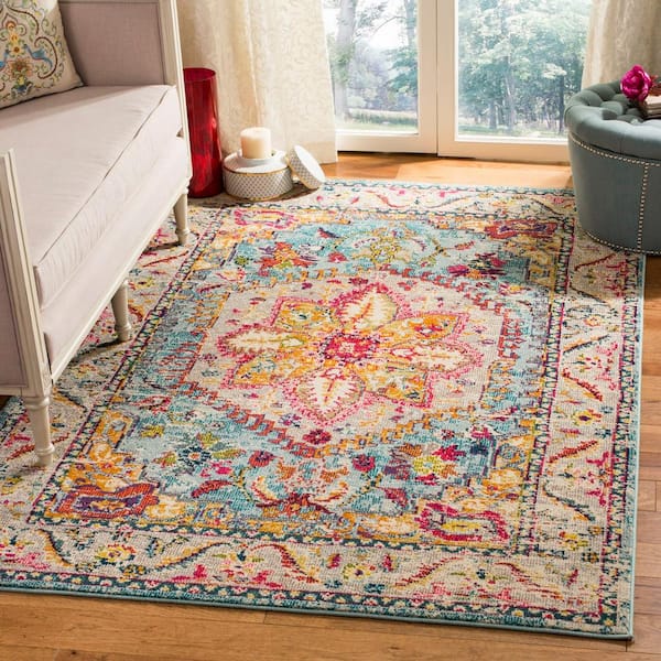 Phoenix Turquoise/Beige 6 ft. x 9 ft. Border Area Rug