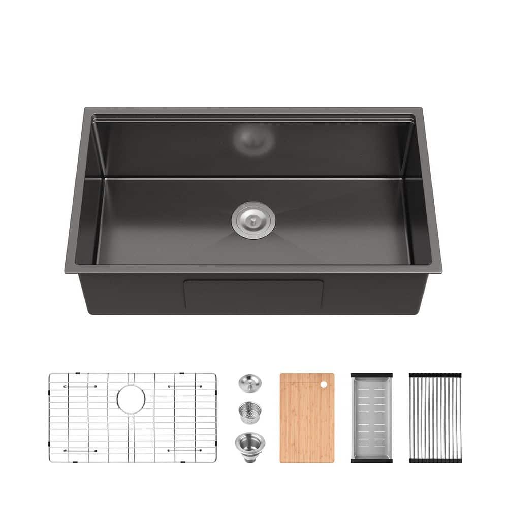 33 in. Undermount Single Bowl 18 Gauge Black Stainless Steel Kitchen Sink with Workstation price history on PriceWatchPro