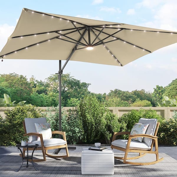 Sonkuki 10x8 ft. LED Premium Cantilever Patio Umbrella - Outdoor Comfort with 360° Rotation and Canopy Angle Adjustment, Sand