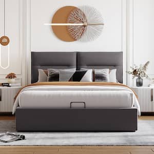 Gray Wood Frame Queen Size Upholstered Platform Bed with a Hydraulic Storage System