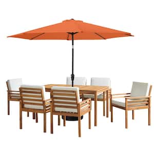 8 -Piece Set, Okemo Wood Outdoor Dining Table Set with 6 Cushioned Chairs, 10 ft. Auto Tilt Umbrella Terre Cotta