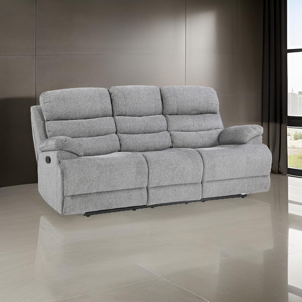 Benjara 83.5 in. Pillow Top Arm Chenille Rectangle Manual Recliner Sofa in Gray