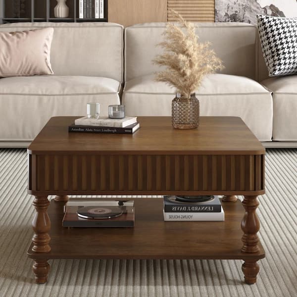 Modern 31.5 in. Brown Square Solid Wood and MDF Coffee Table with Fluted Lift-Top and Hidden Open Storage