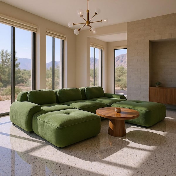 SMZO 117 in. Rolled Arm 4-Piece Corduroy Modular Sectional Sofa, No-Assembly Design with Ottoman in Sage Green