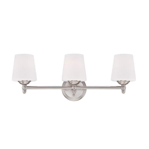 Darcy 25 in. 3-Light Brushed Nickel Transitional Vanity Light with White Opal Glass Shades