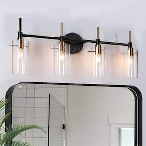 Modern 4-Light Brass Gold Bathroom Vanity Light, Black Vanity Light with Open Cylinder Clear Glass Shades Wall Light